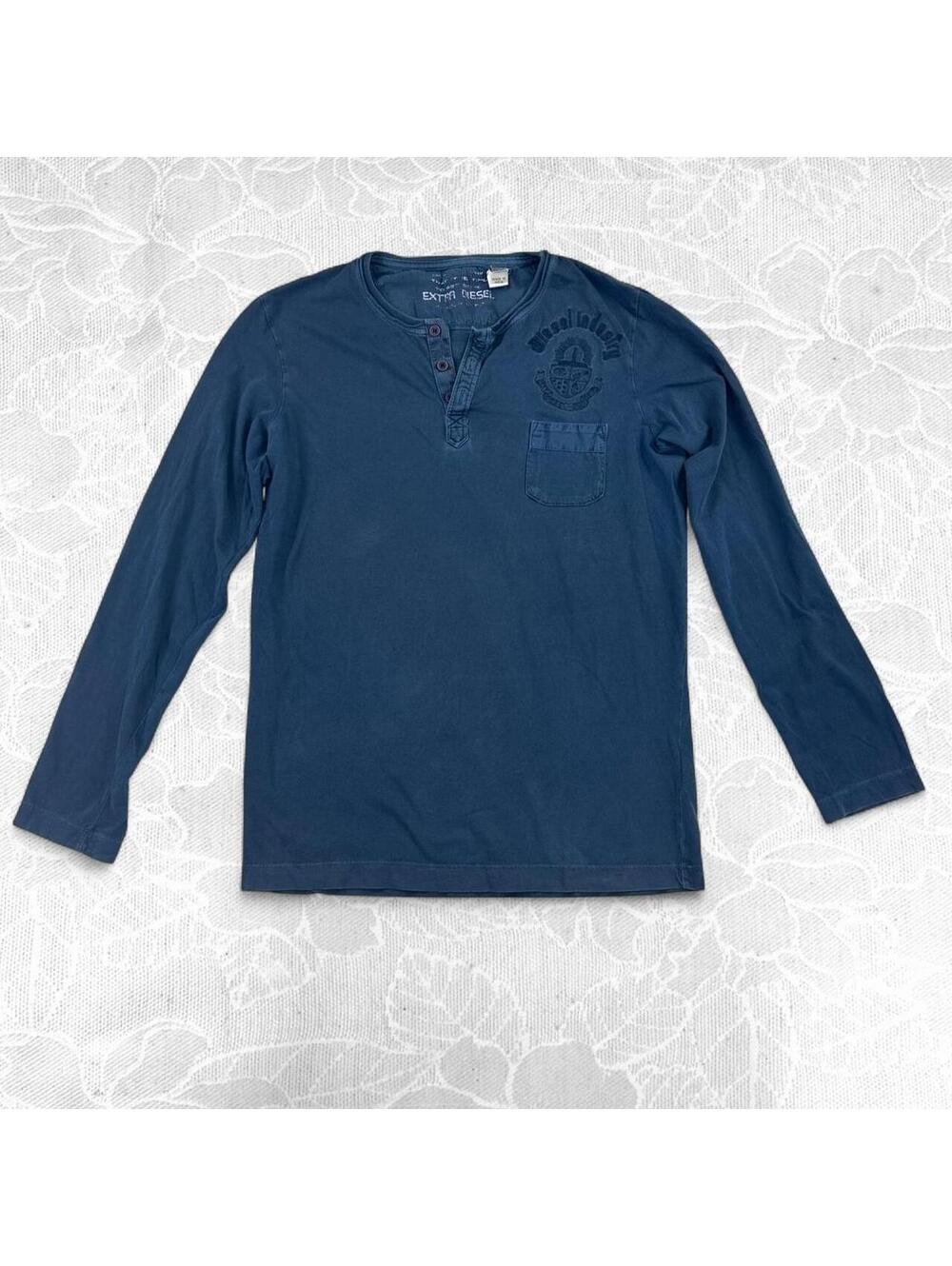 2000's Diesel Blue Washed Long Sleeve Henley with Embroidered Chest Graphic - L